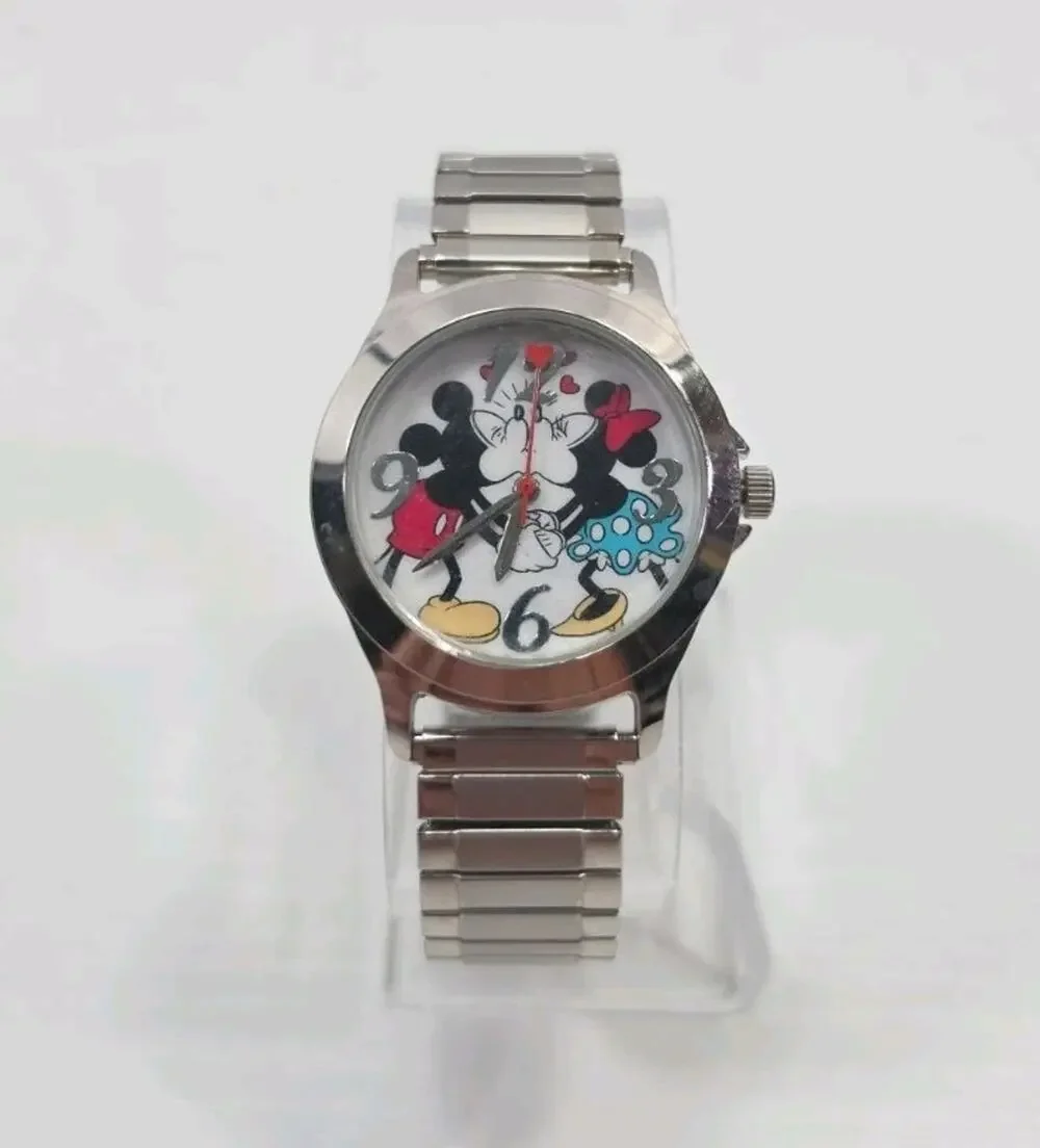 Disney Mickey & Minnie Mouse Kissing Silver Tone Stretch Band Watch New Battery